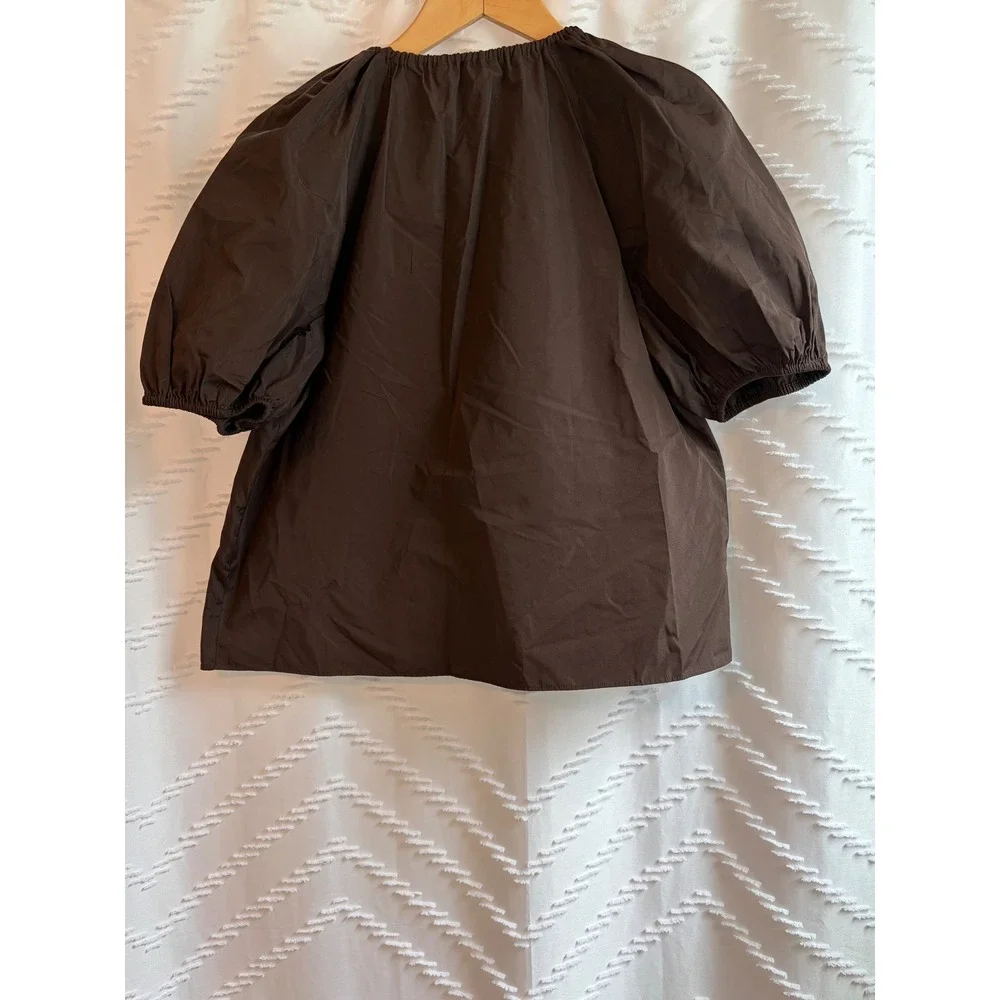 Ulla Johnson Brown Silk Blend Puff Sleeve Gathered Blouse Top Size 6